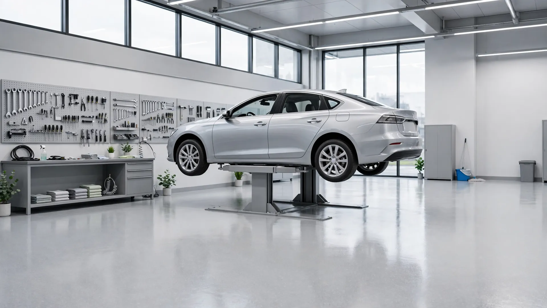 A clean workshop with a car on a lift