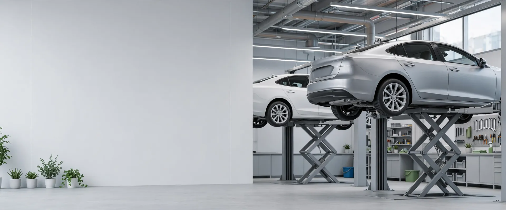 Two cars on lifts in a bright workshop