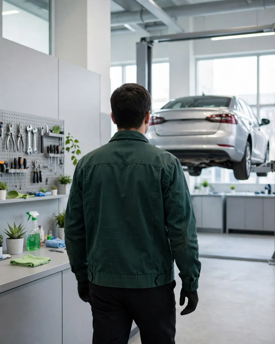 A technician walking to a car
