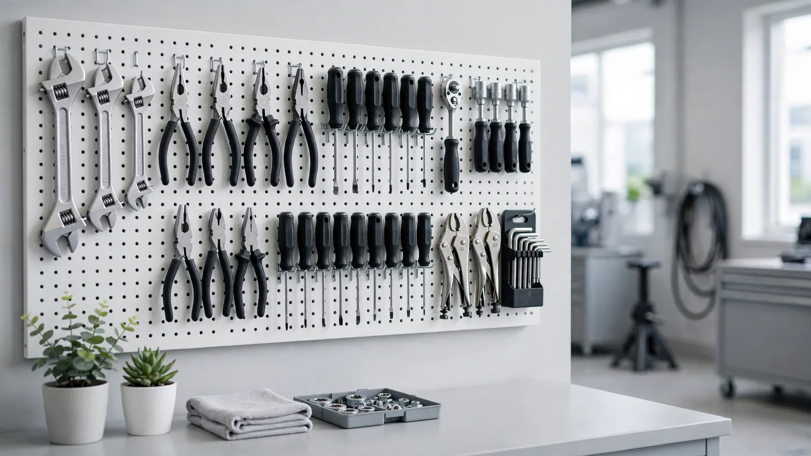 Tools on a pegboard